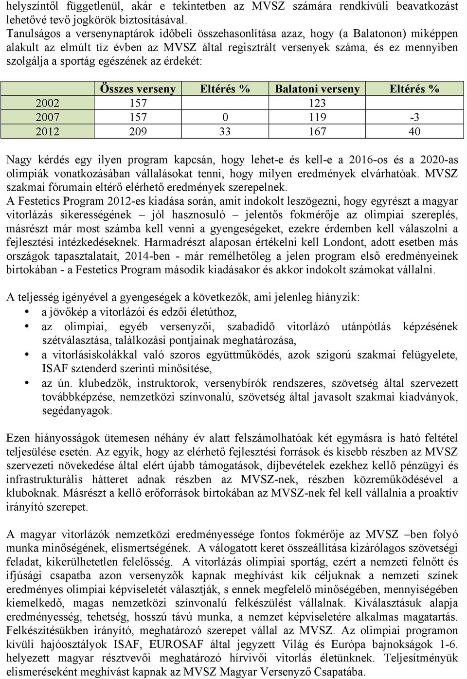 egészének az érdekét: Összes verseny Eltérés % Balatoni verseny Eltérés % 2002 157 123 2007 157 0 119-3 2012 209 33 167 40 Nagy kérdés egy ilyen program kapcsán, hogy lehet-e és kell-e a 2016-os és a