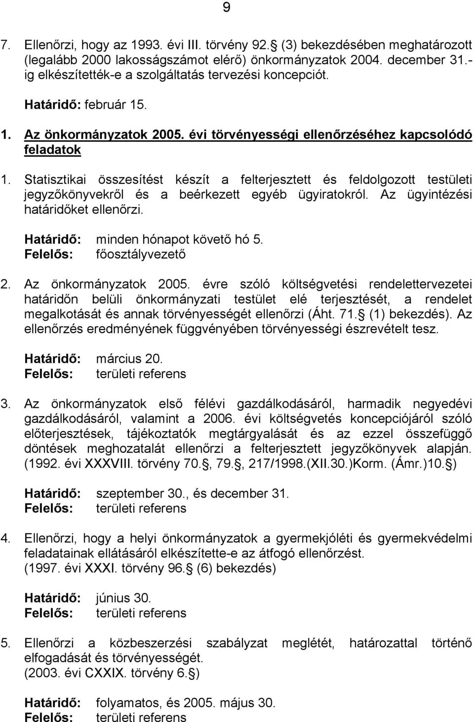 Statisztikai összesítést készít a felterjesztett és feldolgozott testületi jegyzőkönyvekről és a beérkezett egyéb ügyiratokról. Az ügyintézési határidőket ellenőrzi. minden hónapot követő hó 5. 2.