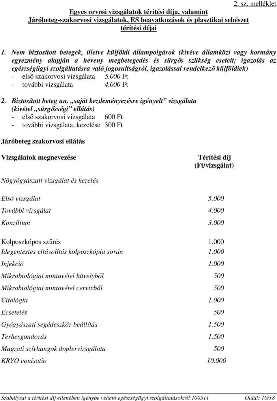 jogosultságról, igazolással rendelkezı külföldiek) - elsı szakorvosi vizsgálata 5.000 Ft - további vizsgálata 4.000 Ft 2. Biztosított beteg un.