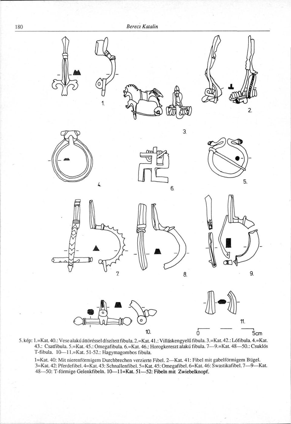 : Hagymagombos fibula. l=kat. 40: Mit nierenförmigem Durchbrechen verzierte Fibel. 2 Kat. 41: Fibel mit gabelförmigem Bügel. 3=Kat. 42: Pferdefibel.