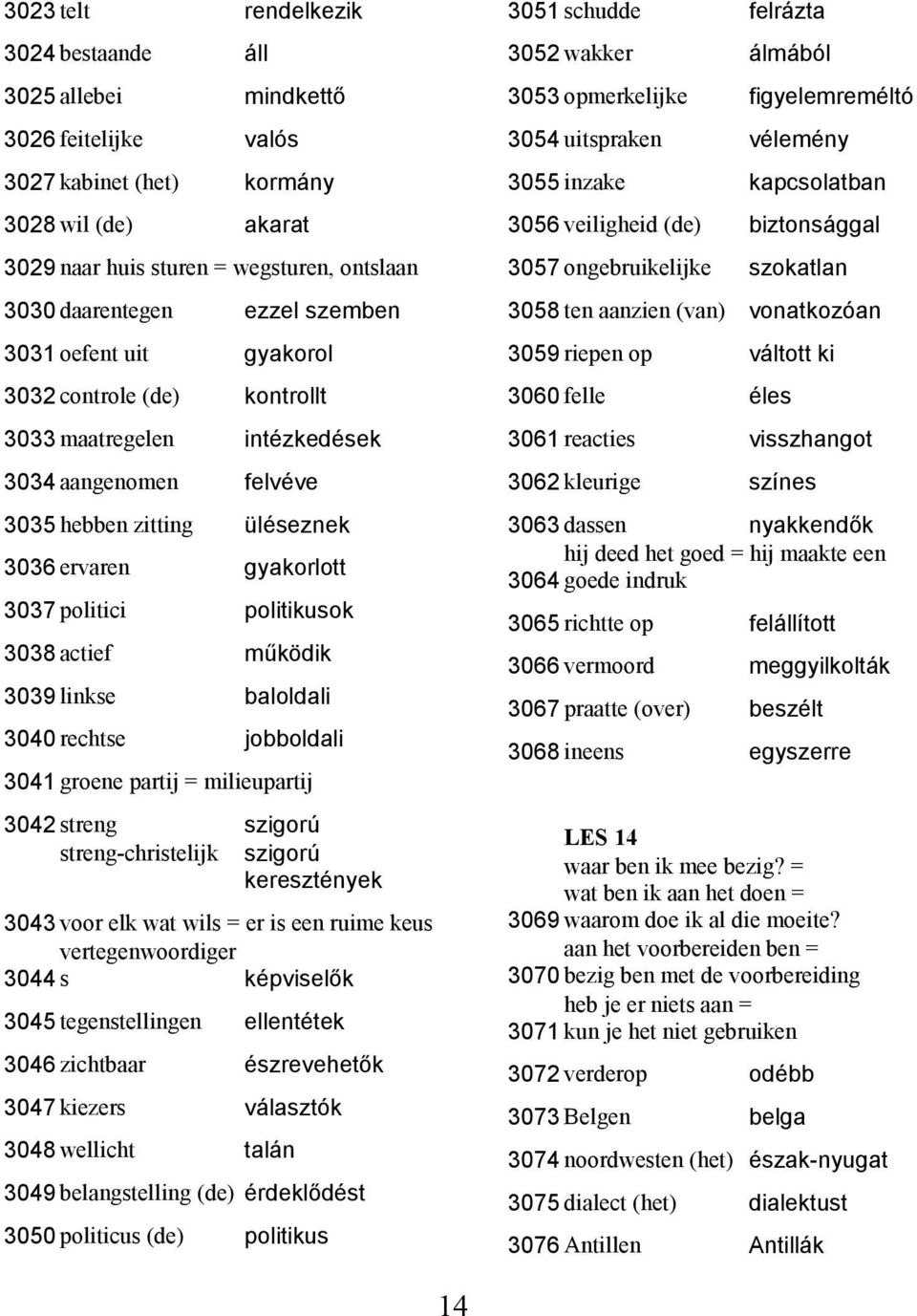 politikusok 3038 actief működik 3039 linkse baloldali 3040 rechtse jobboldali 3041 groene partij = milieupartij 3042 streng szigorú streng-christelijk szigorú keresztények 3043 voor elk wat wils = er