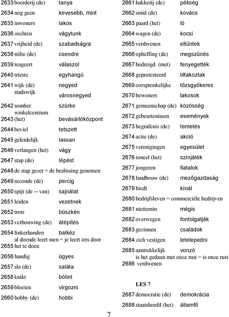 2648 de stap gezet = de beslissing genomen 2649 seconde (de) percig 2650 spijt (de -- van) sajnálat 2651 leiden vezetnek 2652 trots büszkén 2653 verbouwing (de) átépítés 2654 linkerhanden balkéz al