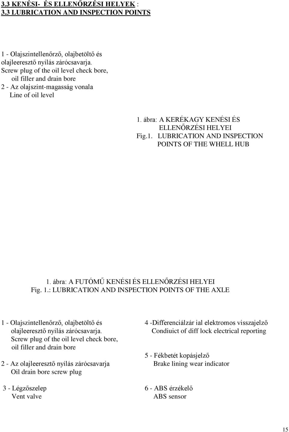 ábra: A FUTÓMŰ KENÉSI ÉS ELLENŐRZÉSI HELYEI Fig. 1.: LUBRICATION AND INSPECTION POINTS OF THE AXLE 1 - Olajszintellenőrző, olajbetöltő és olajleeresztő nyílás zárócsavarja.