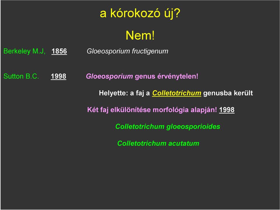 1998 Gloeosporium genus érvénytelen!