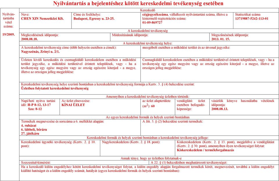 helye: 13719887-5242-113-01 Üzleten kívüli kereskedés és csomagküldő kereskedelem esetében a működési terület jegyzéke, a működési területével érintett települések, vagy - ha a tevékenység egy egész