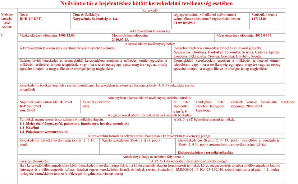 helye: címe (több helyszín esetében a címek): Nagyszénás, Orosháza, Kardoskút, Tótkomlós, Szarvas, Gádoros, Eperjes, Kondoros, Békéscsaba, Csorvás, Gerendás, Hmvhely, Szentes, Üzleten kívüli