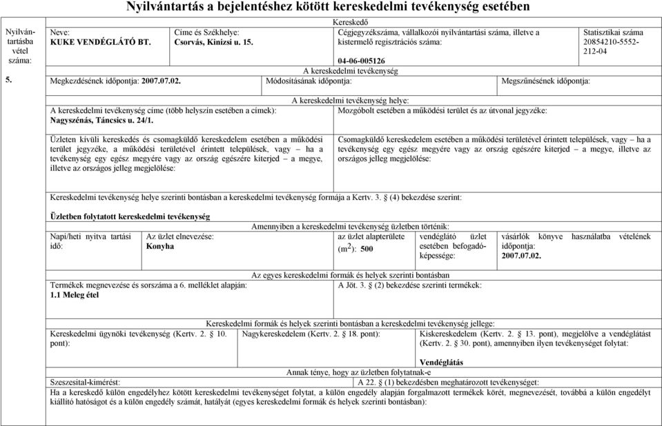 24/1. helye: Mozgóbolt esetében a működési terület és az útvonal jegyzéke: Üzleten kívüli kereskedés és csomagküldő kereskedelem esetében a működési terület jegyzéke, a működési területével érintett