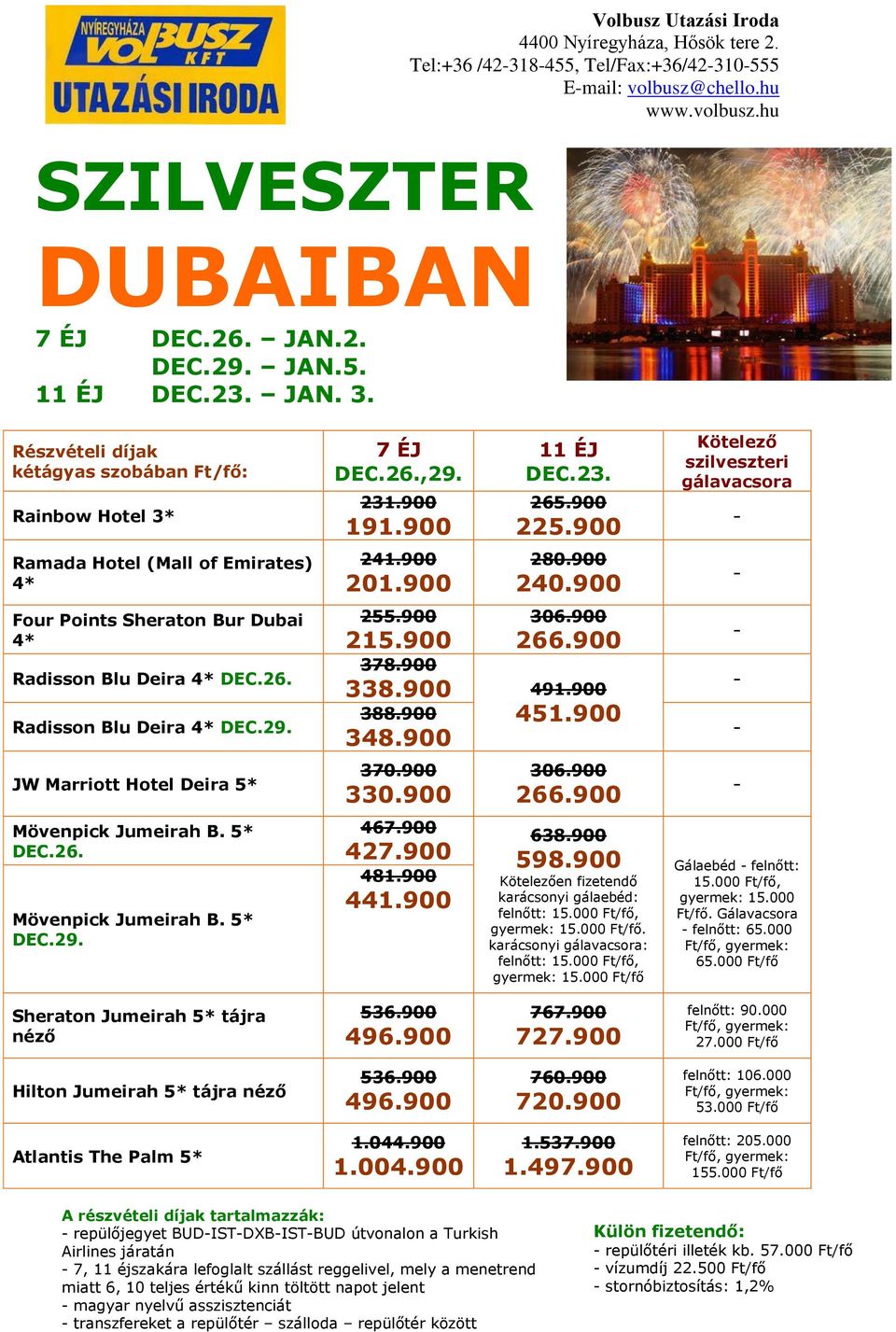 Radisson Blu Deira 4* DEC.29. JW Marriott Hotel Deira 5* Mövenpick Jumeirah B. 5* DEC.26. Mövenpick Jumeirah B. 5* DEC.29. 7 ÉJ DEC.26.,29. 231.900 191.900 241.900 201.900 11 ÉJ DEC.23. 265.900 225.