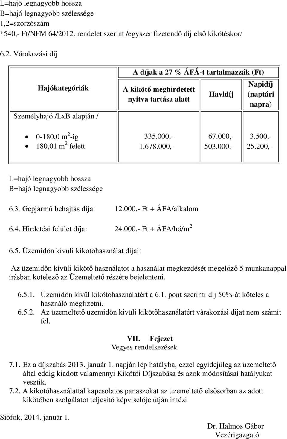 12. rendelet szerint /egyszer fizetendő díj első kikötéskor/ 6.2. Várakozási díj Hajókategóriák Személyhajó /LxB alapján / A díjak a 27 % ÁFÁ-t tartalmazzák (Ft) A kikötő meghirdetett nyitva tartása