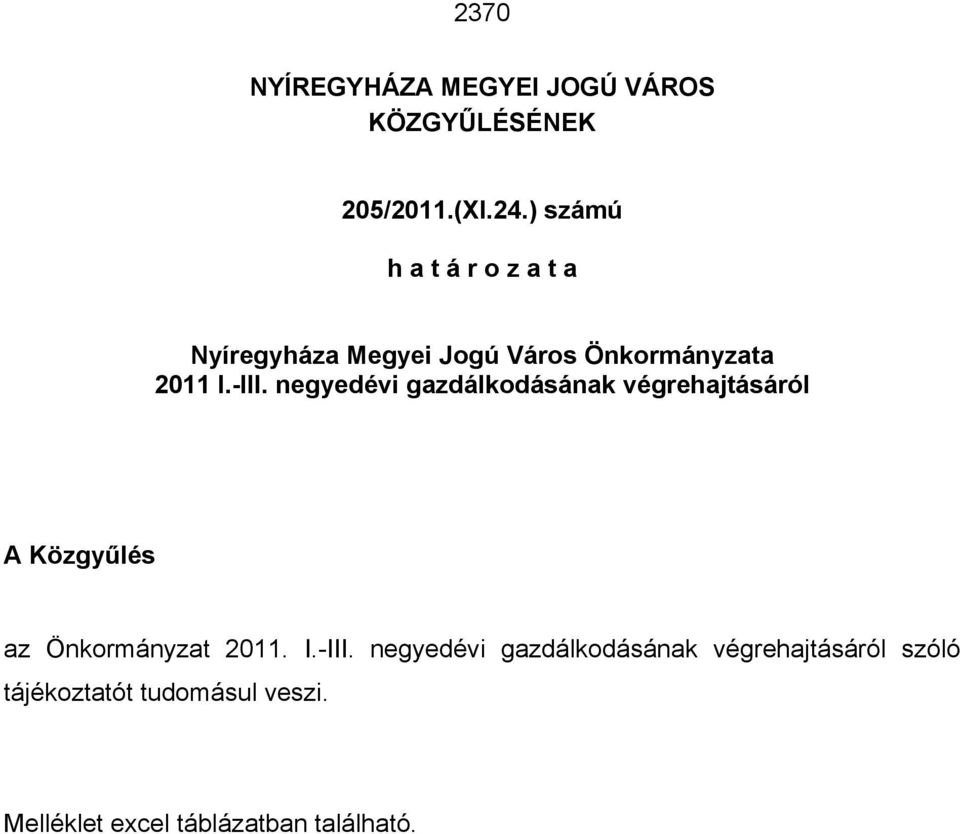 negyedévi gazdálkodásának végrehajtásáról A Közgyűlés az Önkormányzat 2011. I.-III.