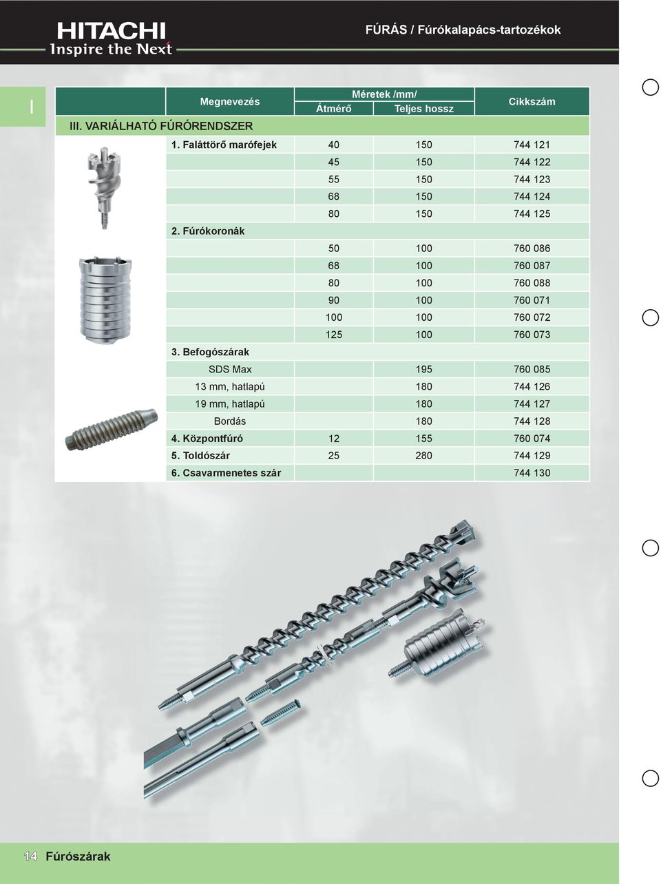 Fúrókoronák 50 100 760 086 68 100 760 087 80 100 760 088 90 100 760 071 100 100 760 072 125 100 760 073 3.