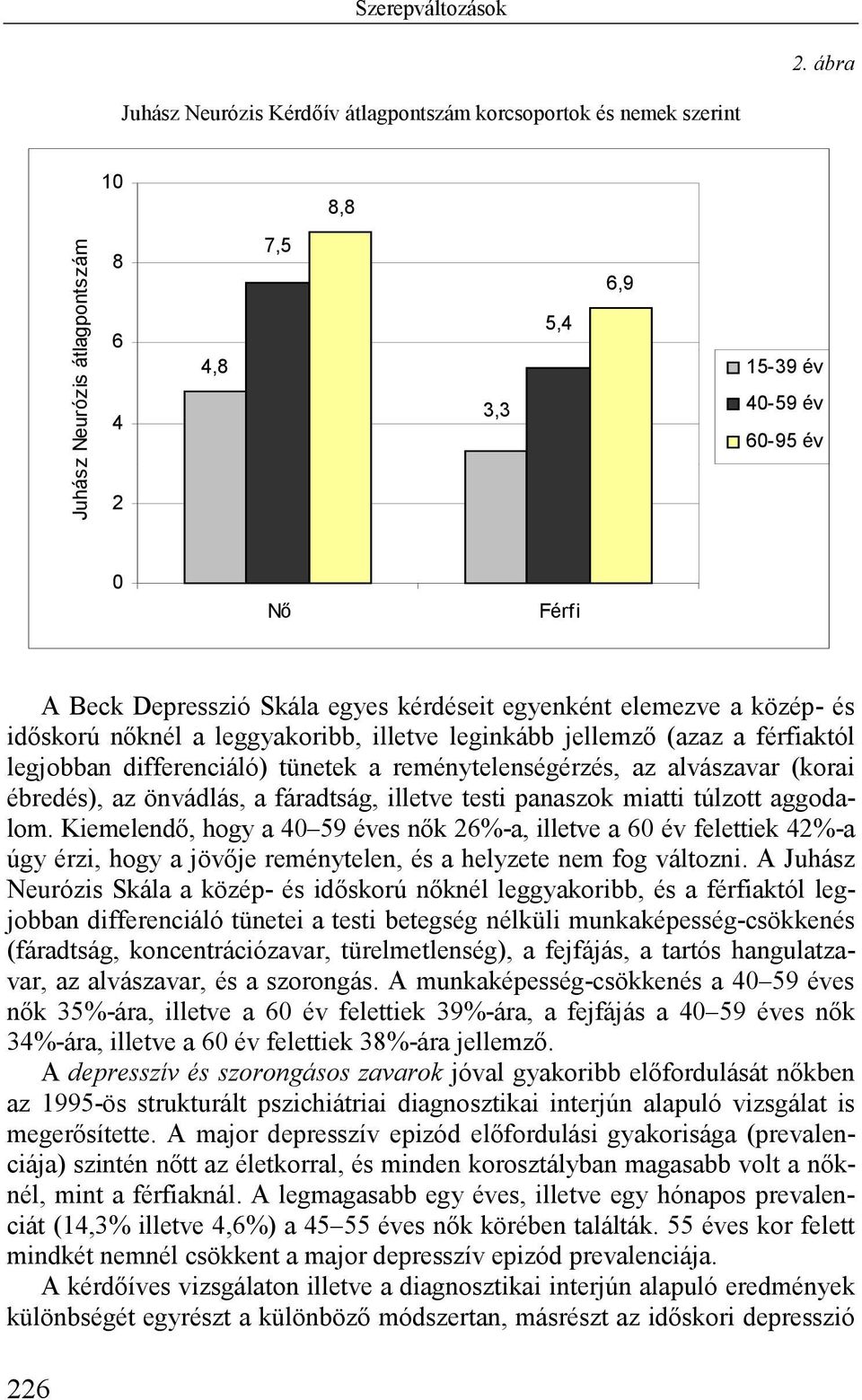 egyes kérdéseit egyenként elemezve a közép- és időskorú nőknél a leggyakoribb, illetve leginkább jellemző (azaz a férfiaktól legjobban differenciáló) tünetek a reménytelenségérzés, az alvászavar