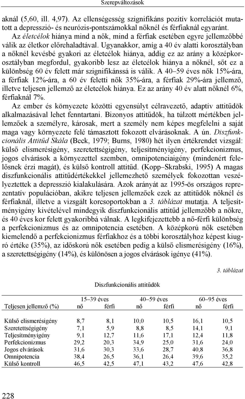 Ugyanakkor, amíg a 40 év alatti korosztályban a nőknél kevésbé gyakori az életcélok hiánya, addig ez az arány a középkorosztályban megfordul, gyakoribb lesz az életcélok hiánya a nőknél, sőt ez a