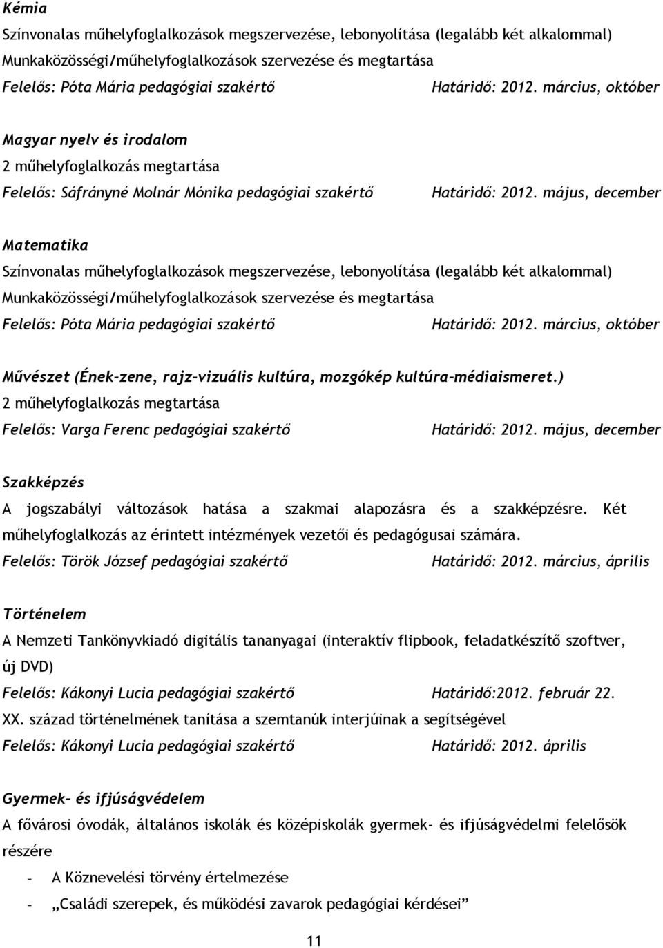 május, december Matematika Színvonalas műhelyfoglalkozások megszervezése, lebonyolítása (legalább két alkalommal) Munkaközösségi/műhelyfoglalkozások szervezése és megtartása Felelős: Póta Mária