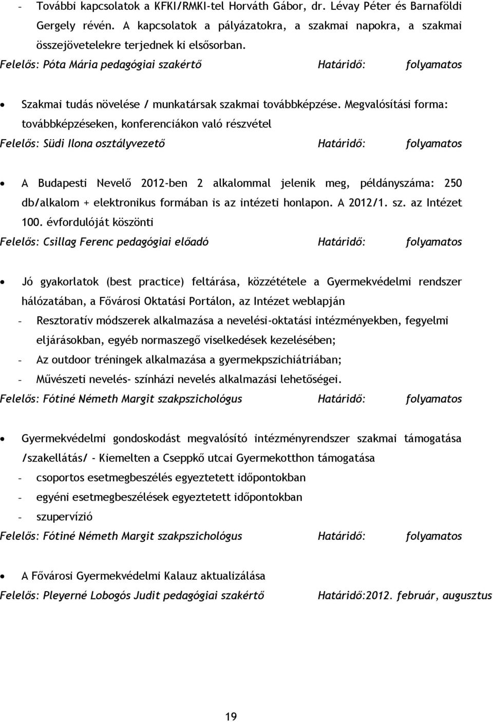 Megvalósítási forma: továbbképzéseken, konferenciákon való részvétel Felelős: Südi Ilona osztályvezető Határidő: folyamatos A Budapesti Nevelő 2012-ben 2 alkalommal jelenik meg, példányszáma: 250