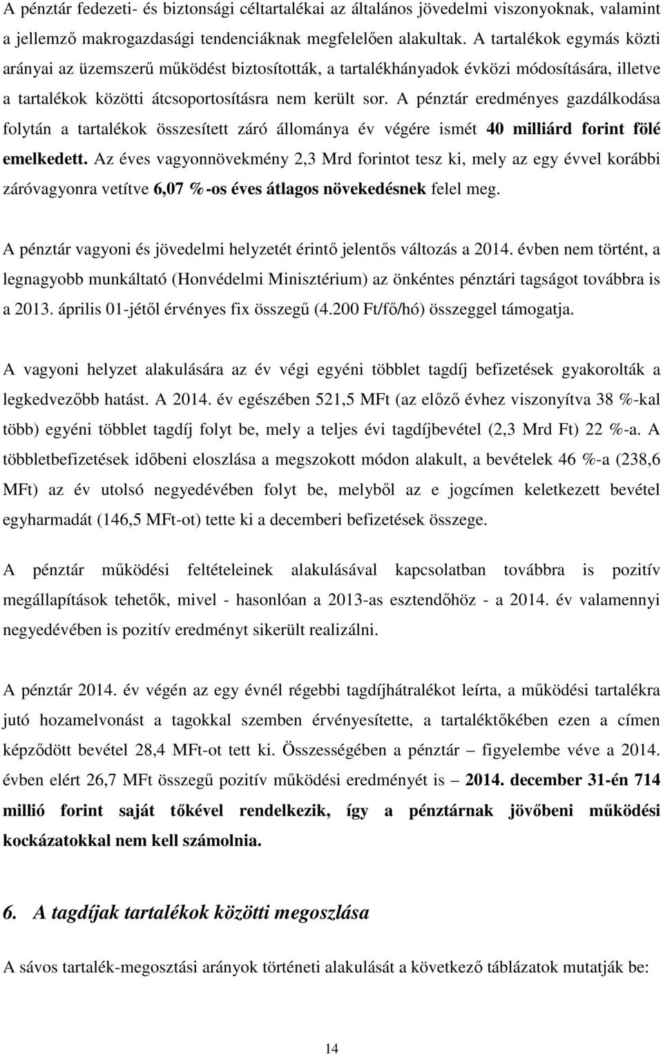 A pénztár eredményes gazdálkodása folytán a tartalékok összesített záró állománya év végére ismét 40 milliárd forint fölé emelkedett.