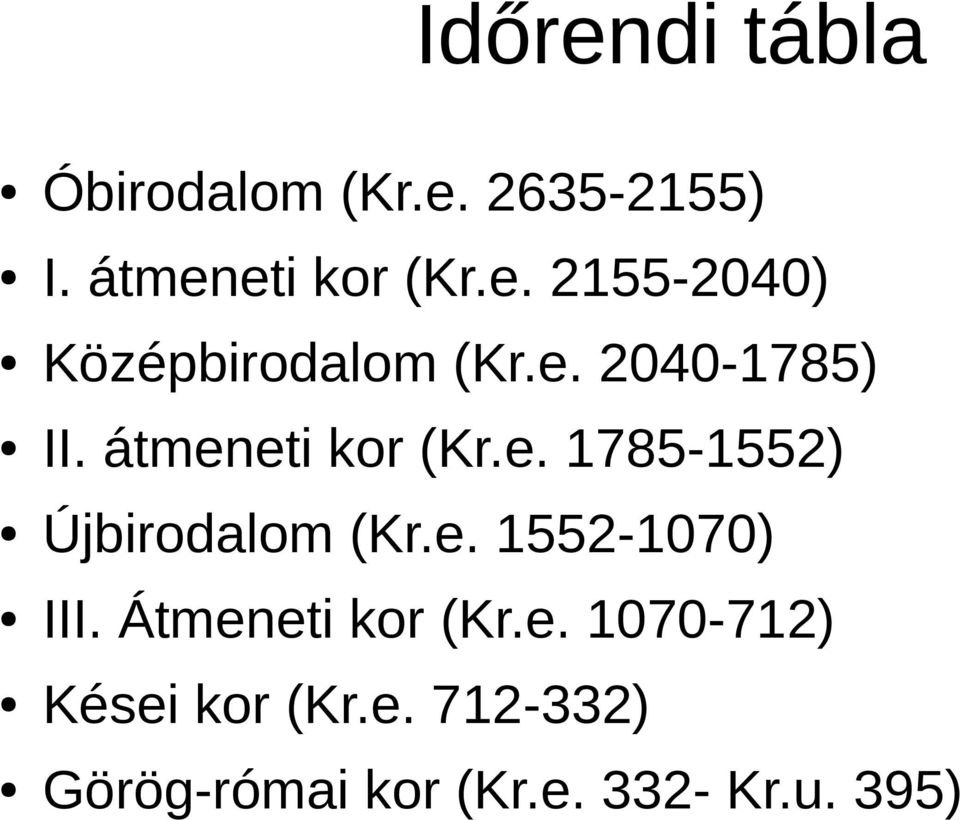 Átmeneti kor (Kr.e. 1070-712) Kései kor (Kr.e. 712-332) Görög-római kor (Kr.