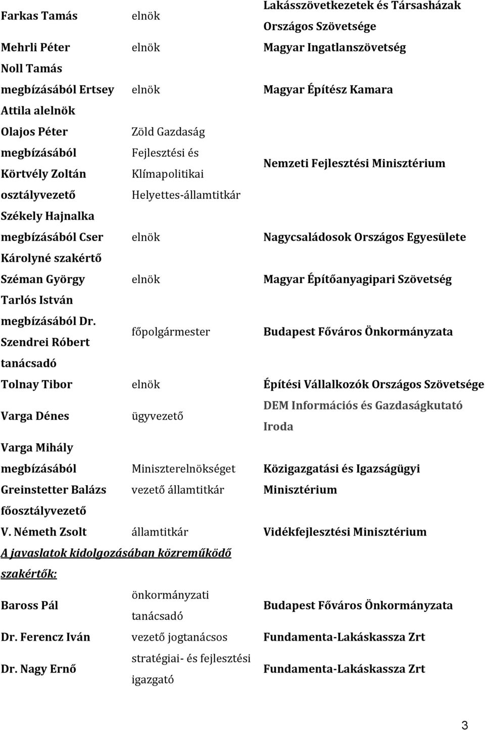 Nagycsaládosok Országos Egyesülete Károlyné szakértő Széman György elnök Magyar Építőanyagipari Szövetség Tarlós István megbízásából Dr.