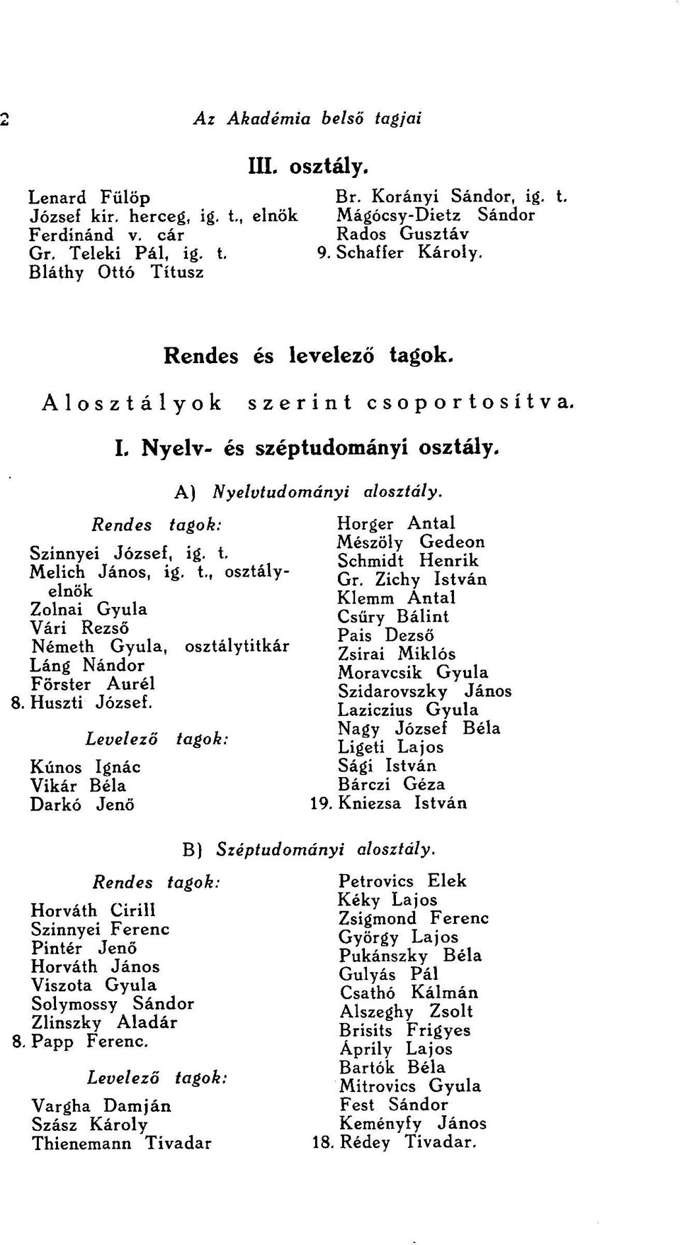 tagok: Szinnyei József, ig. t. Melich János, ig. t., osztályelnök Zolnai Gyula Vári Rezső Németh Gyula, osztálytitkár Láng Nándor Förster Aurél 8. Huszti József.