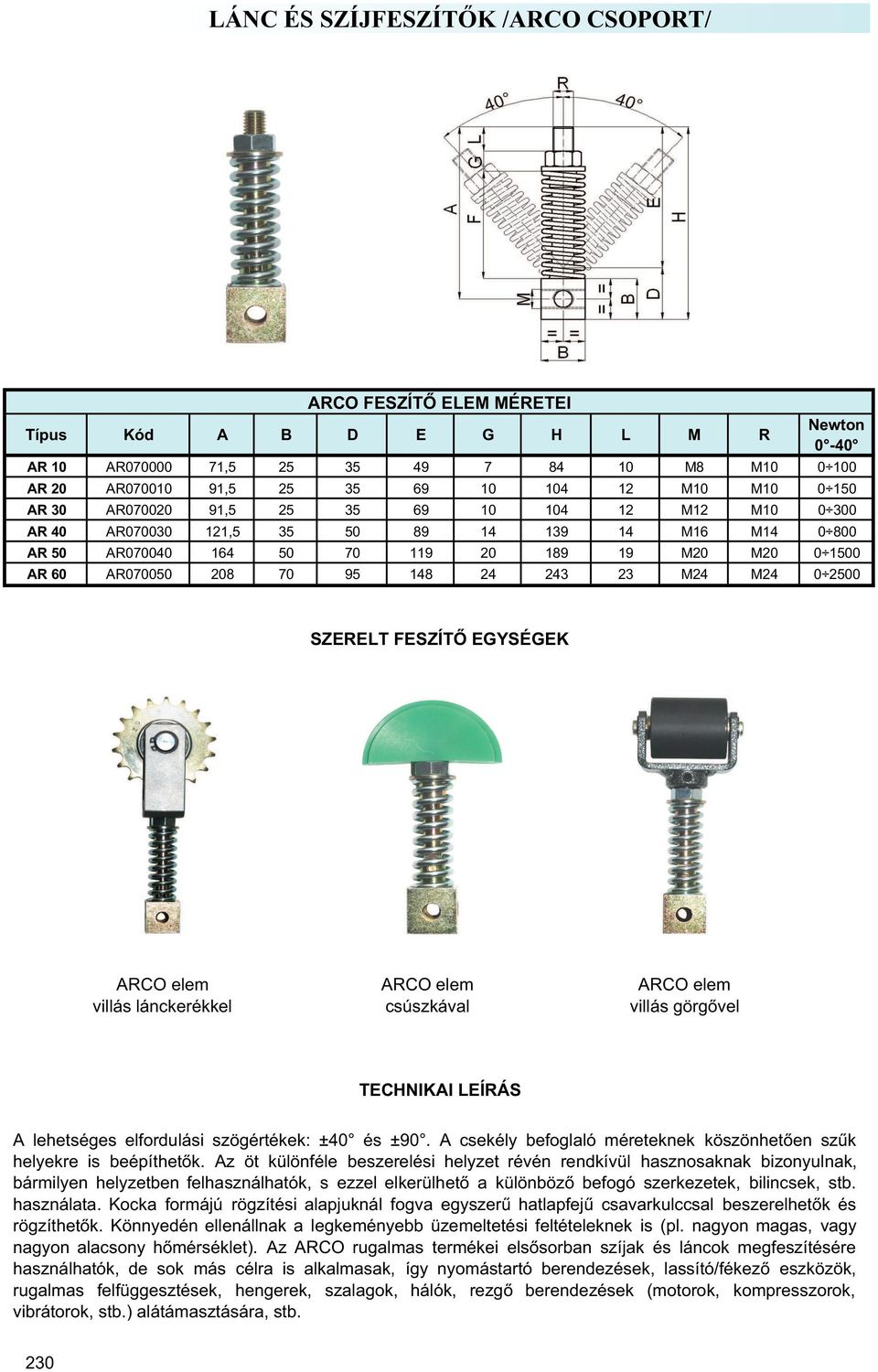 M24 M24 0 2500 SZERELT FESZÍT EGYSÉGEK ARCO elem villás lánckerékkel ARCO elem csúszkával ARCO elem villás görg vel TECHNIKAI LEÍRÁS A lehetséges elfordulási szögértékek: ±40 és ±90.
