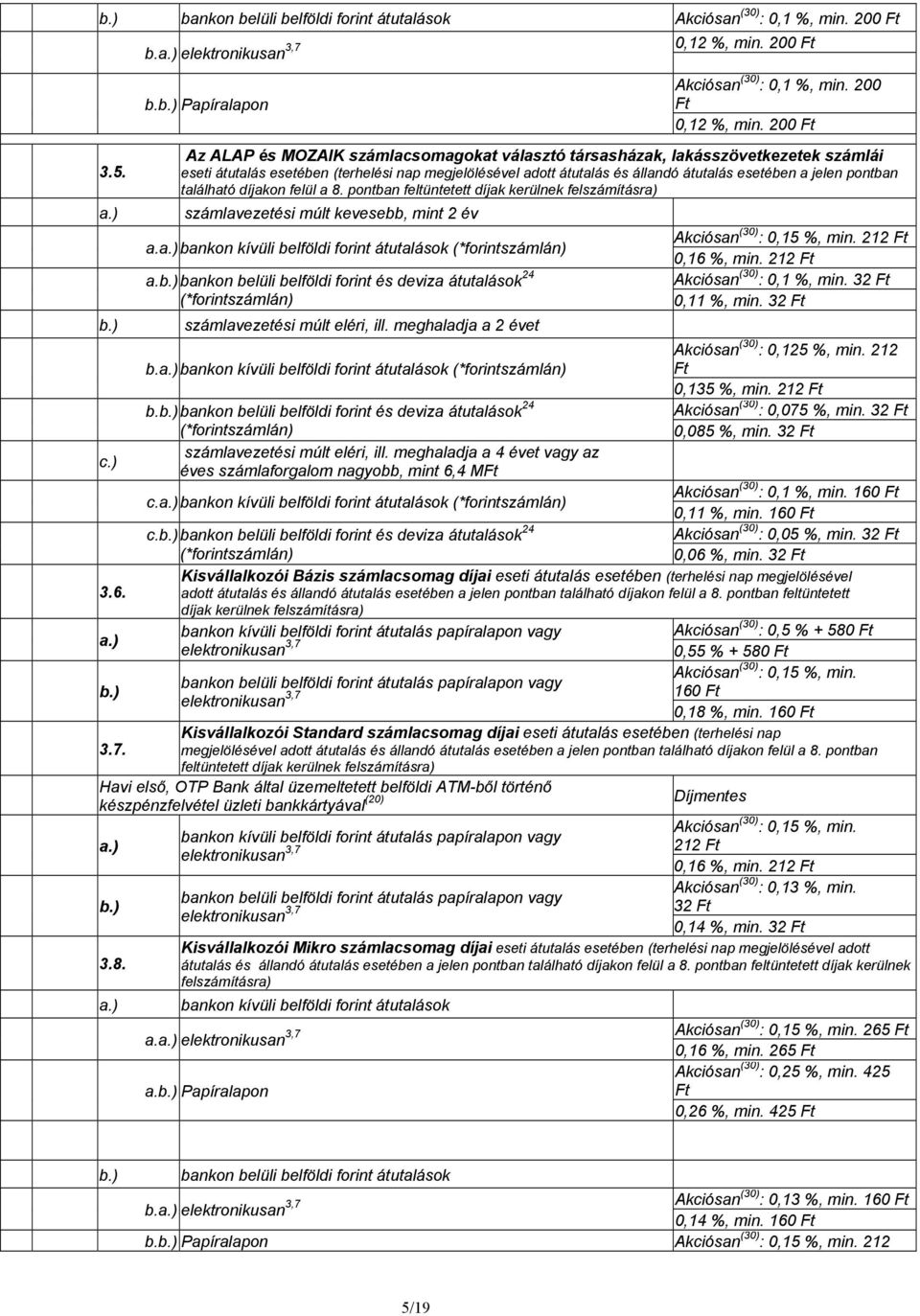 pontban található díjakon felül a 8. pontban feltüntetett díjak kerülnek felszámításra) számlavezetési múlt kevesebb, mint 2 év a. bankon kívüli belföldi forint átutalások (*forintszámlán) a.