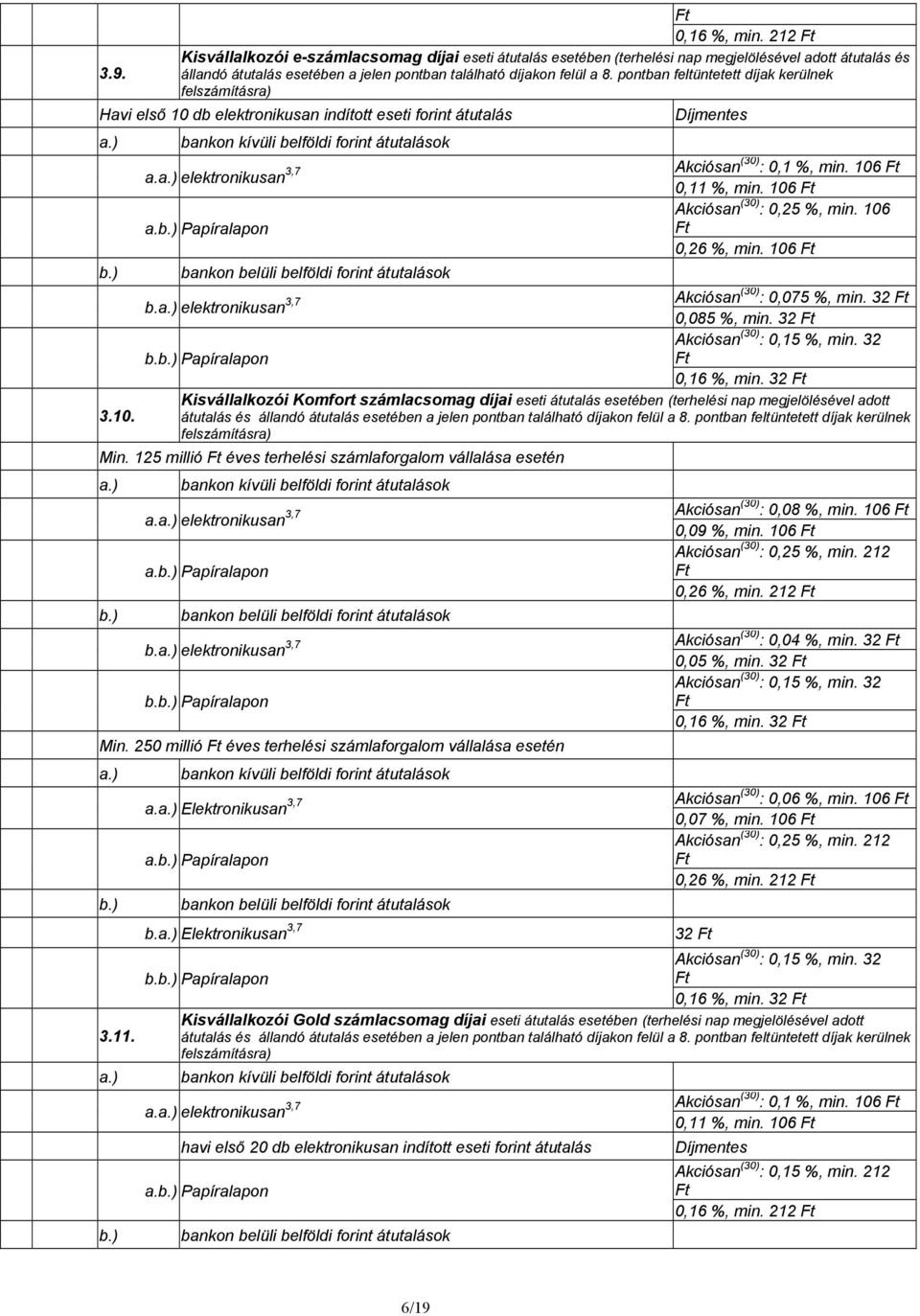 106 (30) : 0,25 %, min. 106 a. Papíralapon 0,26 %, min. 106 bankon belüli belföldi forint átutalások b. (30) : 0,075 %, min. 32 0,085 %, min. 32 (30) : 0,15 %, min. 32 b. Papíralapon 0,16 %, min.