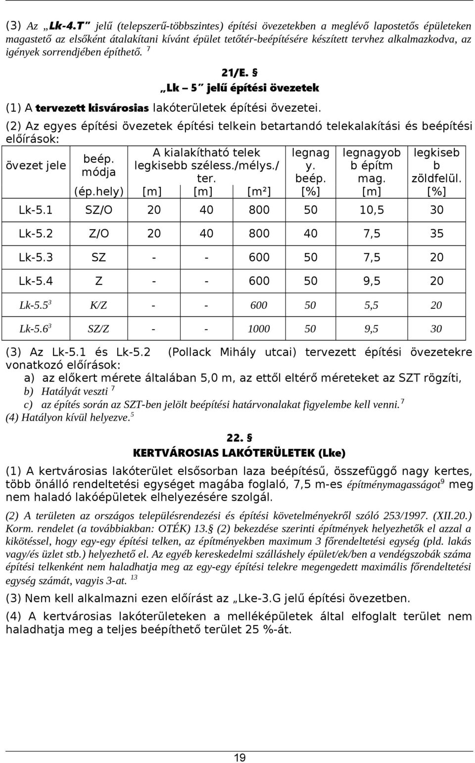 sorrendjében építhető. 7 21/E. Lk 5 jelű építési övezetek (1) A tervezett kisvárosias lakóterületek építési övezetei.