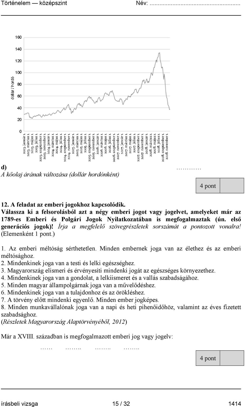 Írja a megfelelő szövegrészletek sorszámát a pontozott vonalra! (Elemenként 1 pont.) 1. Az emberi méltóság sérthetetlen. Minden embernek joga van az élethez és az emberi méltósághoz. 2.