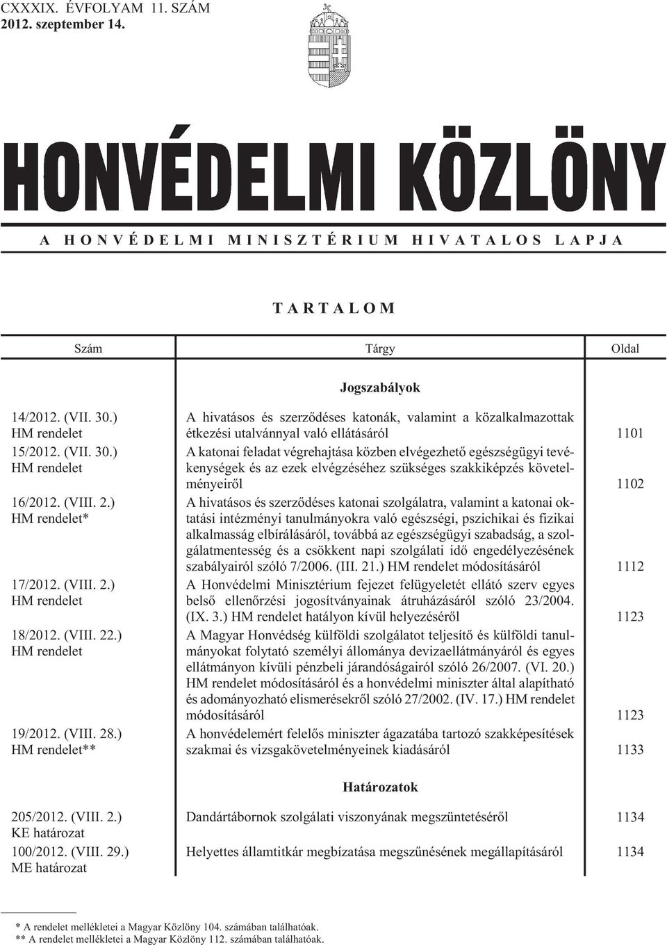 ) HM rendelet** A hivatásos és szerzõdéses katonák, valamint a közalkalmazottak étkezési utalvánnyal való ellátásáról 1101 A katonai feladat végrehajtása közben elvégezhetõ egészségügyi tevékenységek