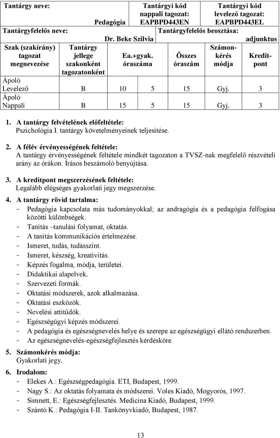 A tantárgy érvényességének feltétele mindkét tagozaton a TVSZ-nak megfelelő részvételi arány az órákon. Írásos beszámoló benyújtása. Legalább elégséges gyakorlati jegy megszerzése.