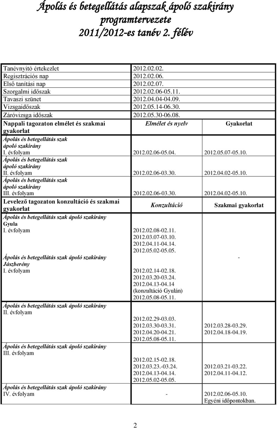 Nappali tagozaton elmélet és szakmai Elmélet és nyelv Gyakorlat gyakorlat Ápolás és betegellátás szak ápoló szakirány I. évfolyam 2012.02.06-05.04. 2012.05.07-05.10.