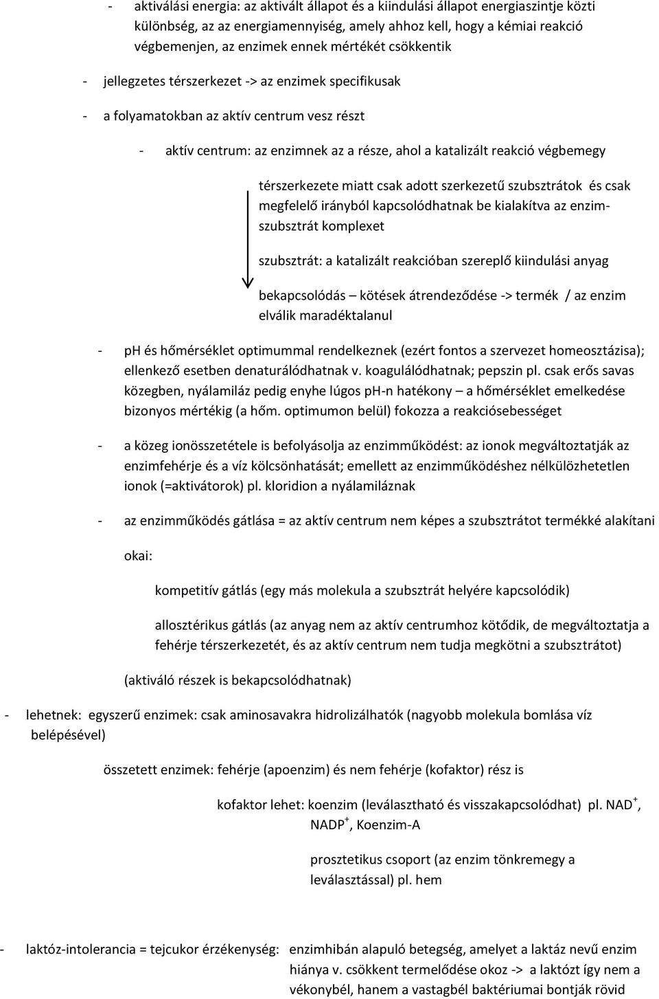 térszerkezete miatt csak adott szerkezetű szubsztrátok és csak megfelelő irányból kapcsolódhatnak be kialakítva az enzimszubsztrát komplexet szubsztrát: a katalizált reakcióban szereplő kiindulási