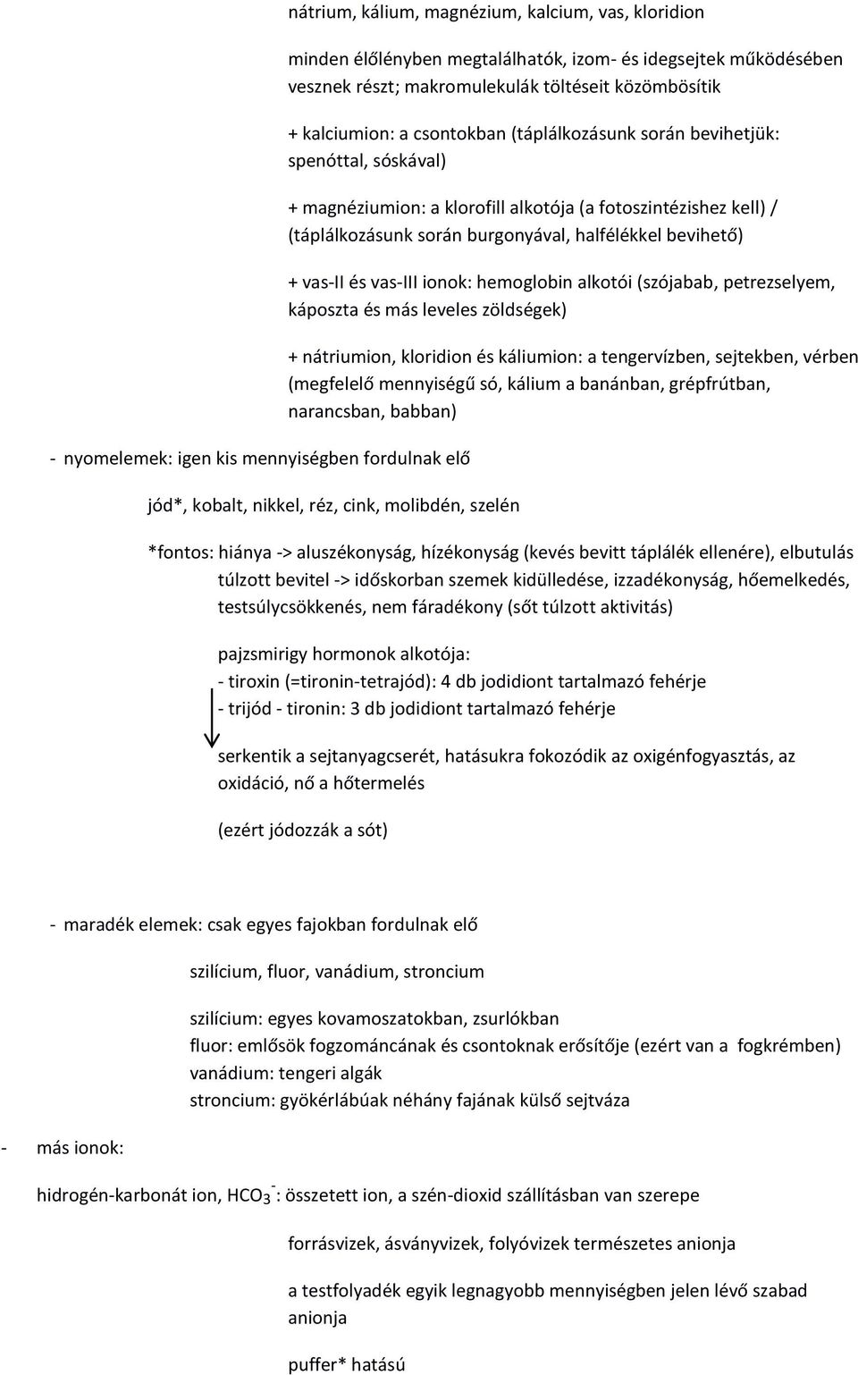 burgonyával, halfélékkel bevihető) + vas-ii és vas-iii ionok: hemoglobin alkotói (szójabab, petrezselyem, káposzta és más leveles zöldségek) + nátriumion, kloridion és káliumion: a tengervízben,