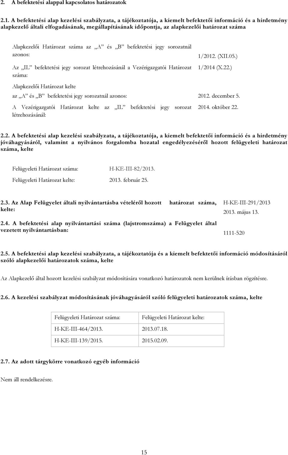 Alapkezelői Határozat száma az A és B befektetési jegy sorozatnál azonos: Az IL befektetési jegy sorozat létrehozásánál a Vezérigazgatói Határozat száma: Alapkezelői Határozat kelte 1/2012. (XII.05.