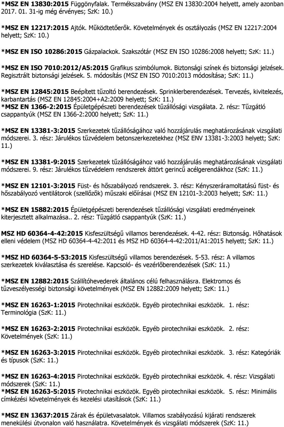 ) *MSZ EN ISO 7010:2012/A5:2015 Grafikus szimbólumok. Biztonsági színek és biztonsági jelzések. Regisztrált biztonsági jelzések. 5. módosítás (MSZ EN ISO 7010:2013 módosítása; SzK: 11.