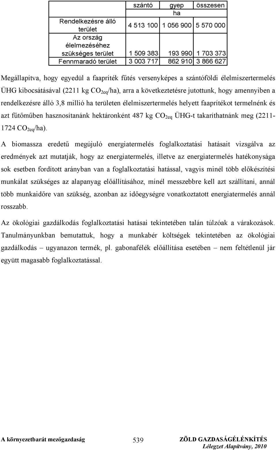 álló 3,8 millió ha területen élelmiszertermelés helyett faaprítékot termelnénk és azt fűtőműben hasznosítanánk hektáronként 487 kg CO 2eq ÜHG-t takaríthatnánk meg (2211-1724 CO 2eq /ha).