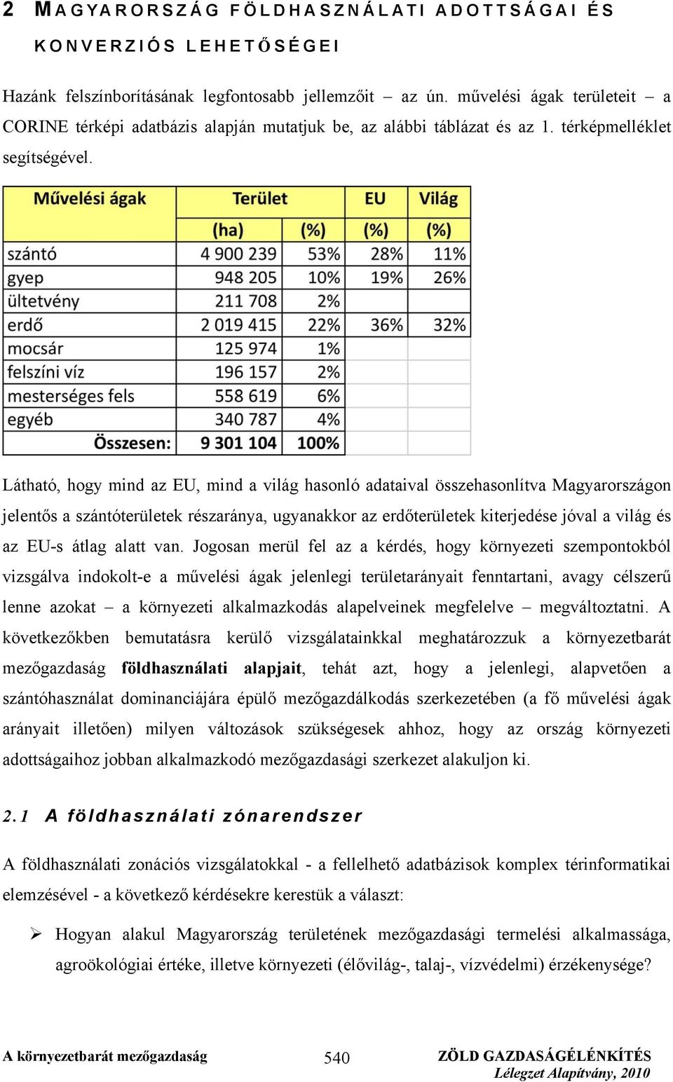 Látható, hogy mind az EU, mind a világ hasonló adataival összehasonlítva Magyarországon jelentős a szántóterületek részaránya, ugyanakkor az erdőterületek kiterjedése jóval a világ és az EU-s átlag