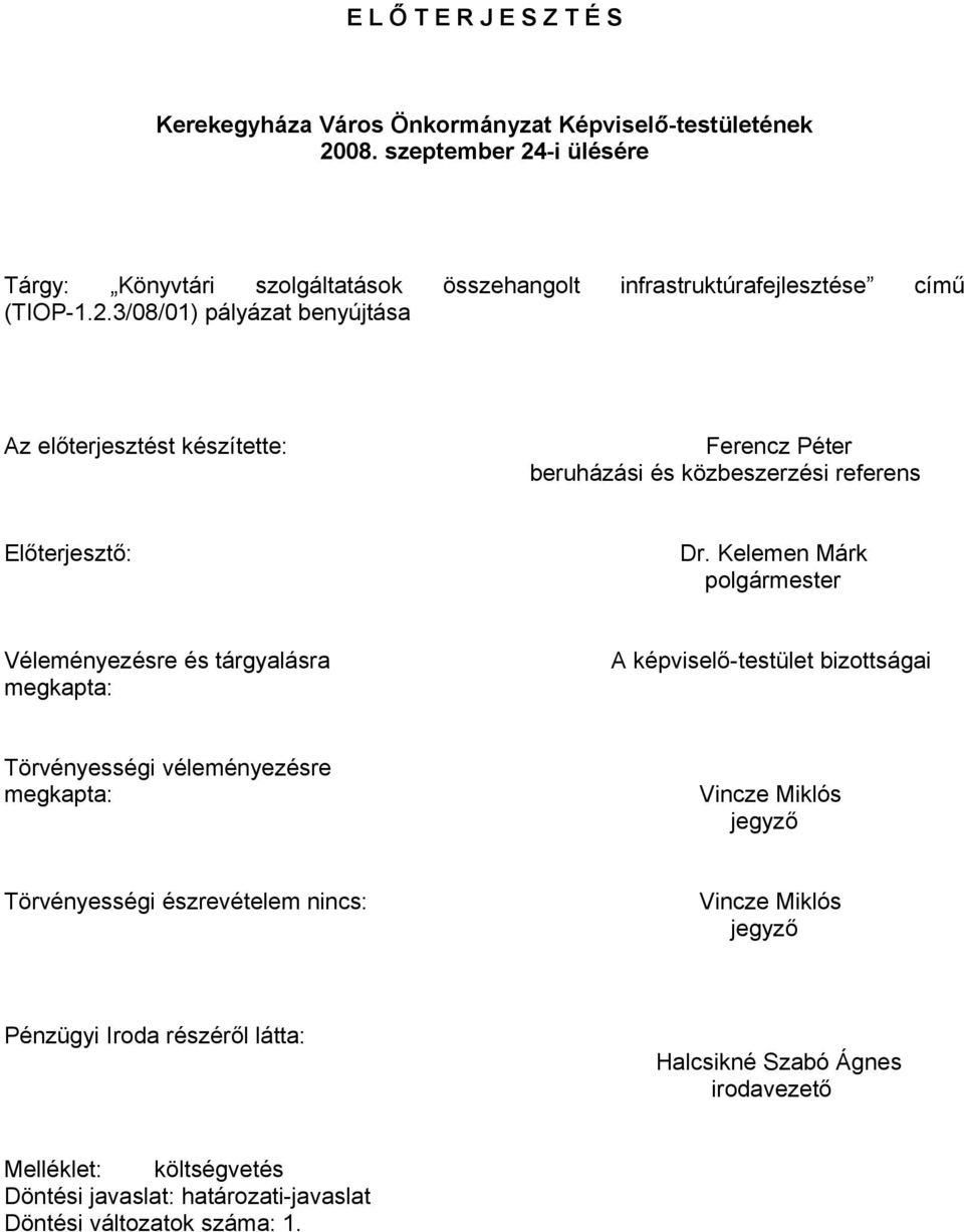 Kelemen Márk polgármester Véleményezésre és tárgyalásra A képviselő-testület bizottságai megkapta: Törvényességi véleményezésre megkapta: Vincze Miklós jegyző Törvényességi