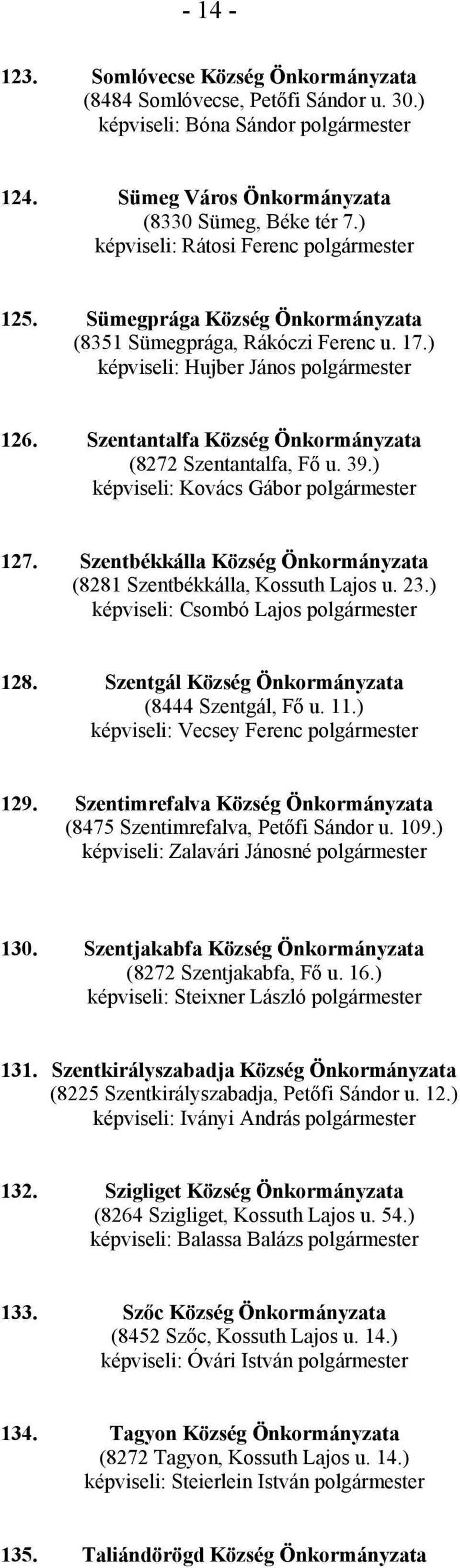 Szentantalfa Község Önkormányzata (8272 Szentantalfa, Fő u. 39.) képviseli: Kovács Gábor polgármester 127. Szentbékkálla Község Önkormányzata (8281 Szentbékkálla, Kossuth Lajos u. 23.