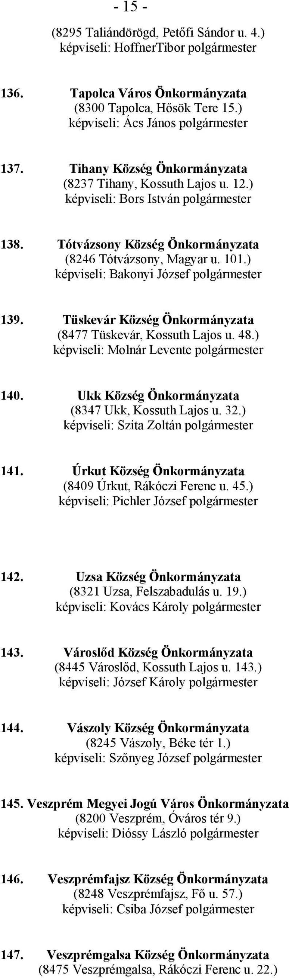 ) képviseli: Bakonyi József polgármester 139. Tüskevár Község Önkormányzata (8477 Tüskevár, Kossuth Lajos u. 48.) képviseli: Molnár Levente polgármester 140.