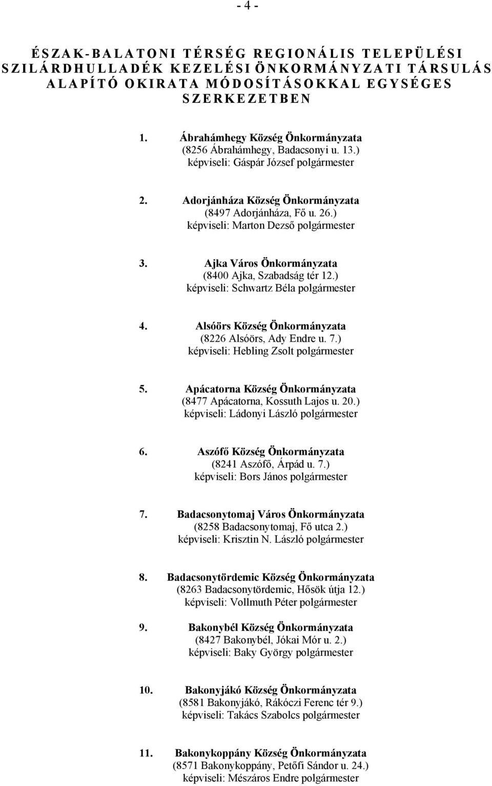 ) képviseli: Marton Dezső polgármester 3. Ajka Város Önkormányzata (8400 Ajka, Szabadság tér 12.) képviseli: Schwartz Béla polgármester 4. Alsóörs Község Önkormányzata (8226 Alsóörs, Ady Endre u. 7.