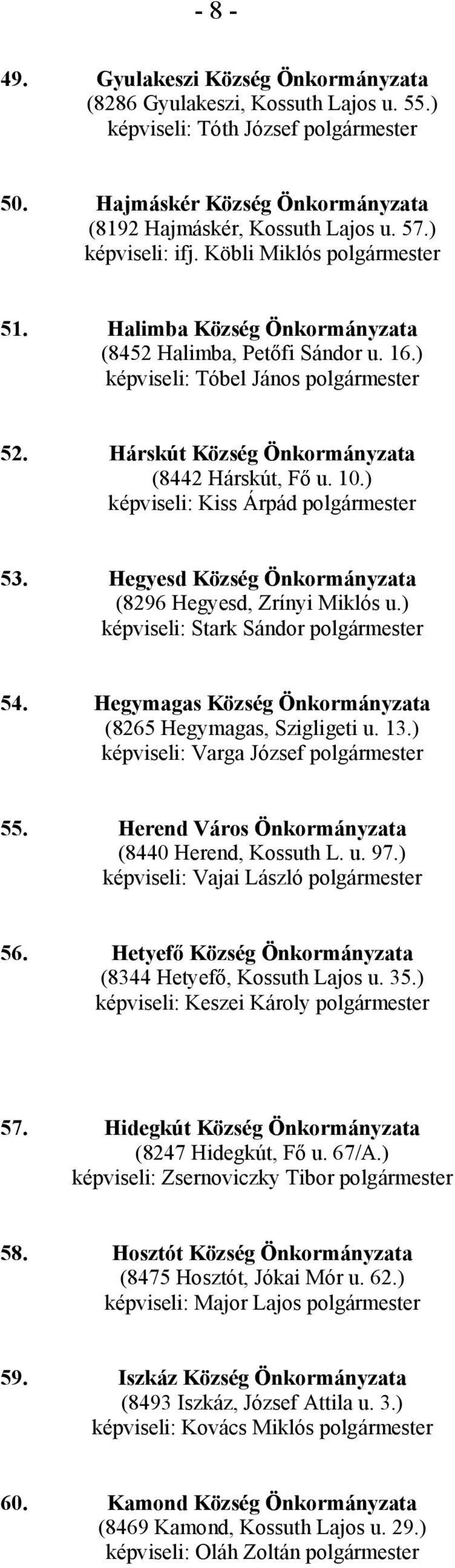 Hárskút Község Önkormányzata (8442 Hárskút, Fő u. 10.) képviseli: Kiss Árpád polgármester 53. Hegyesd Község Önkormányzata (8296 Hegyesd, Zrínyi Miklós u.) képviseli: Stark Sándor polgármester 54.