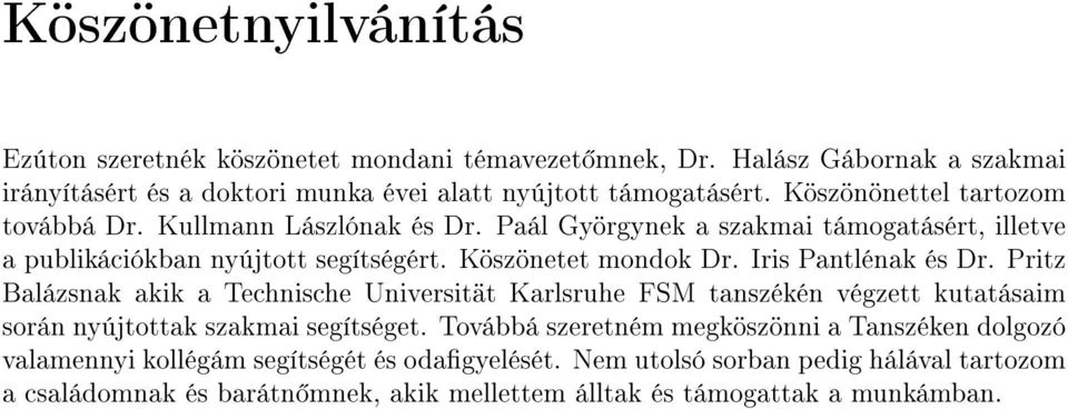 Iris Pantlénak és Dr. Pritz Balázsnak akik a Technische Universität Karlsruhe FSM tanszékén végzett kutatásaim során nyújtottak szakmai segítséget.