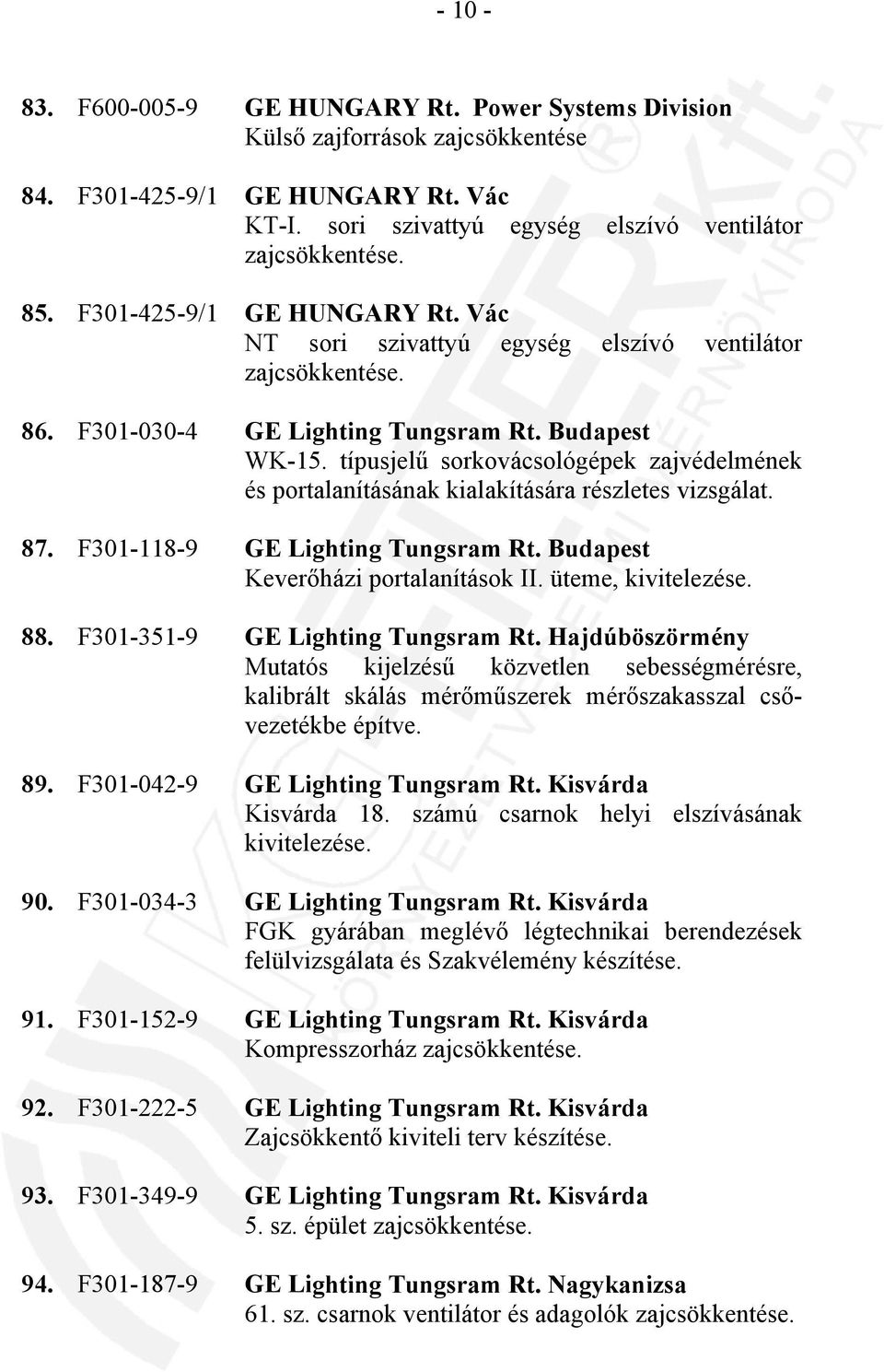 típusjelű sorkovácsológépek zajvédelmének és portalanításának kialakítására részletes vizsgálat. 87. F301-118-9 GE Lighting Tungsram Rt. Budapest Keverőházi portalanítások II. üteme, kivitelezése. 88.