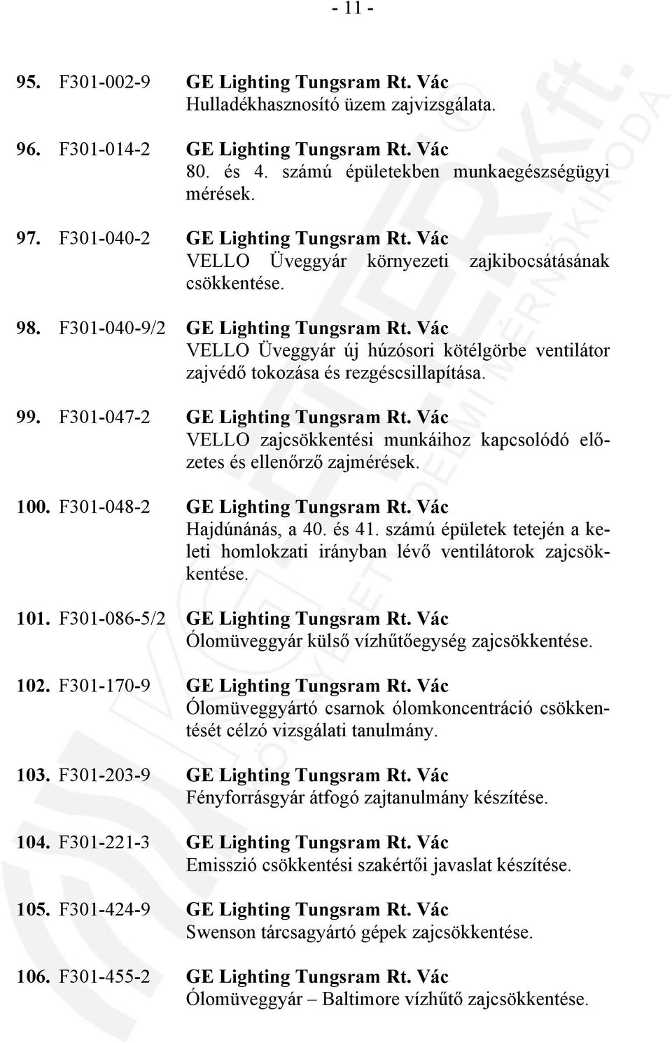 Vác VELLO Üveggyár új húzósori kötélgörbe ventilátor zajvédő tokozása és rezgéscsillapítása. 99. F301-047-2 GE Lighting Tungsram Rt.