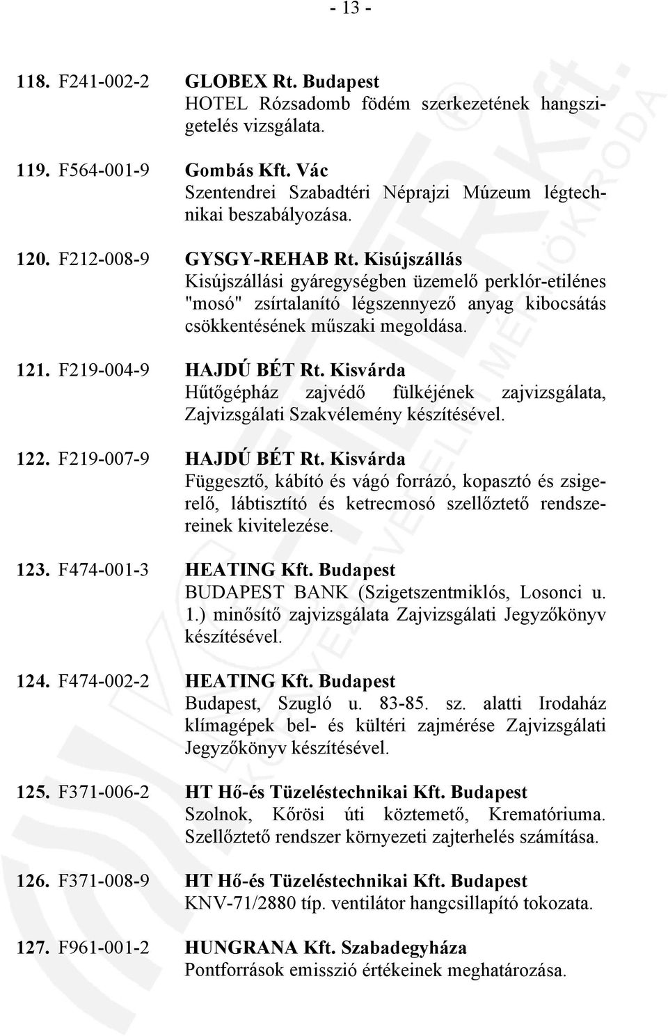 Kisújszállás Kisújszállási gyáregységben üzemelő perklór-etilénes "mosó" zsírtalanító légszennyező anyag kibocsátás csökkentésének műszaki megoldása. 121. F219-004-9 HAJDÚ BÉT Rt.