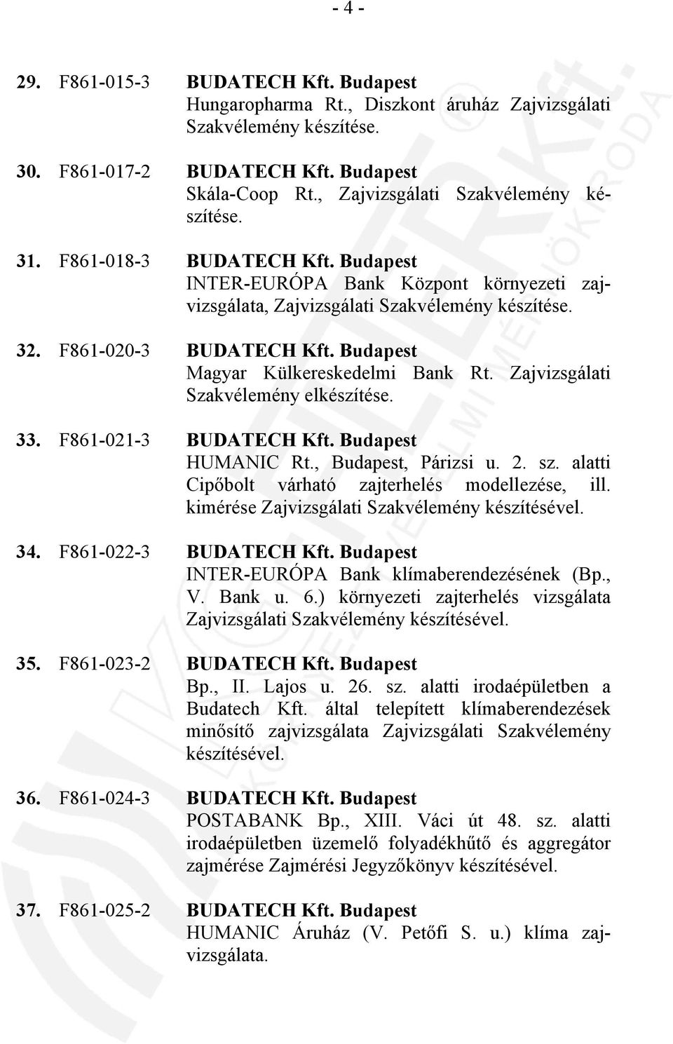 Budapest Magyar Külkereskedelmi Bank Rt. Zajvizsgálati Szakvélemény elkészítése. 33. F861-021-3 BUDATECH Kft. Budapest HUMANIC Rt., Budapest, Párizsi u. 2. sz.