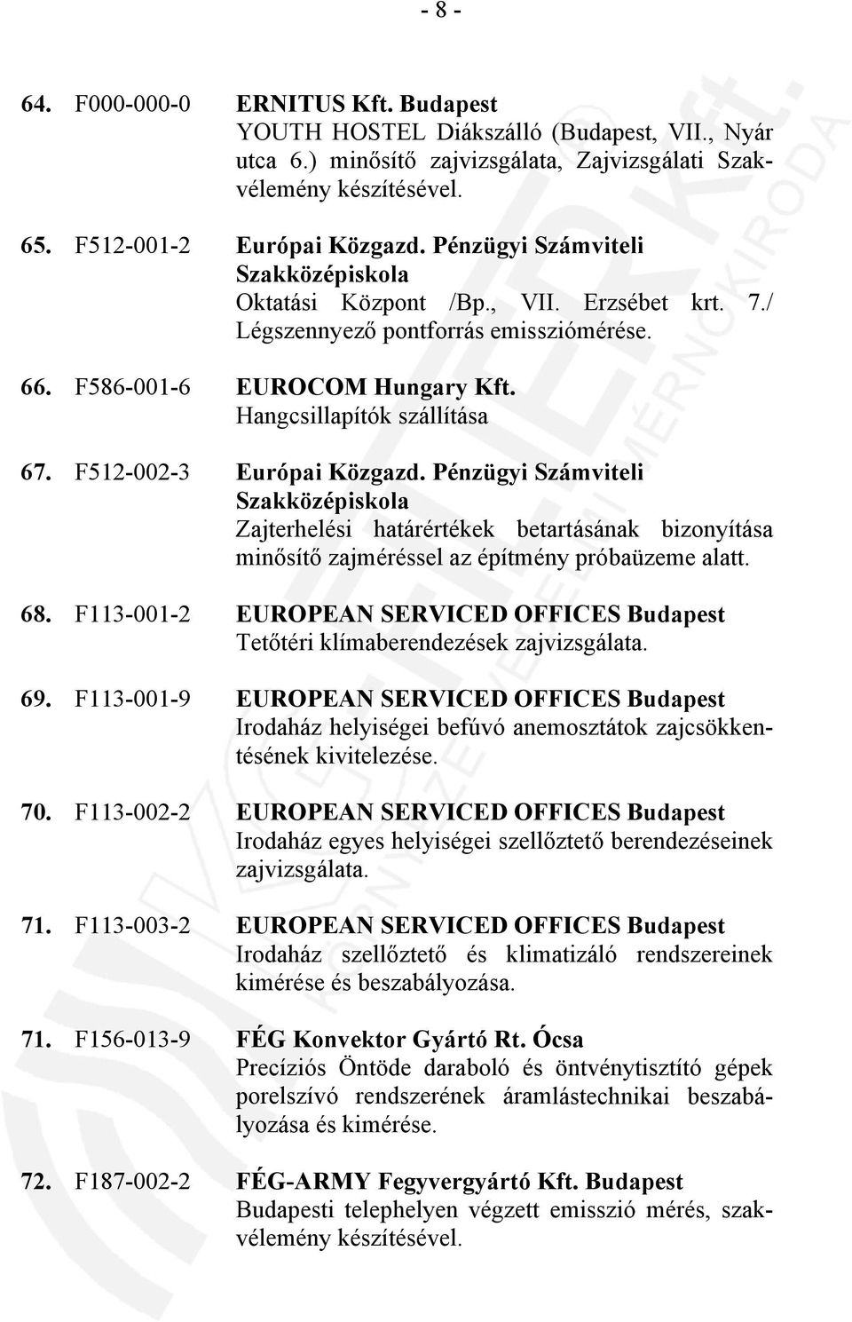 F512-002-3 Európai Közgazd. Pénzügyi Számviteli Szakközépiskola Zajterhelési határértékek betartásának bizonyítása minősítő zajméréssel az építmény próbaüzeme alatt. 68.