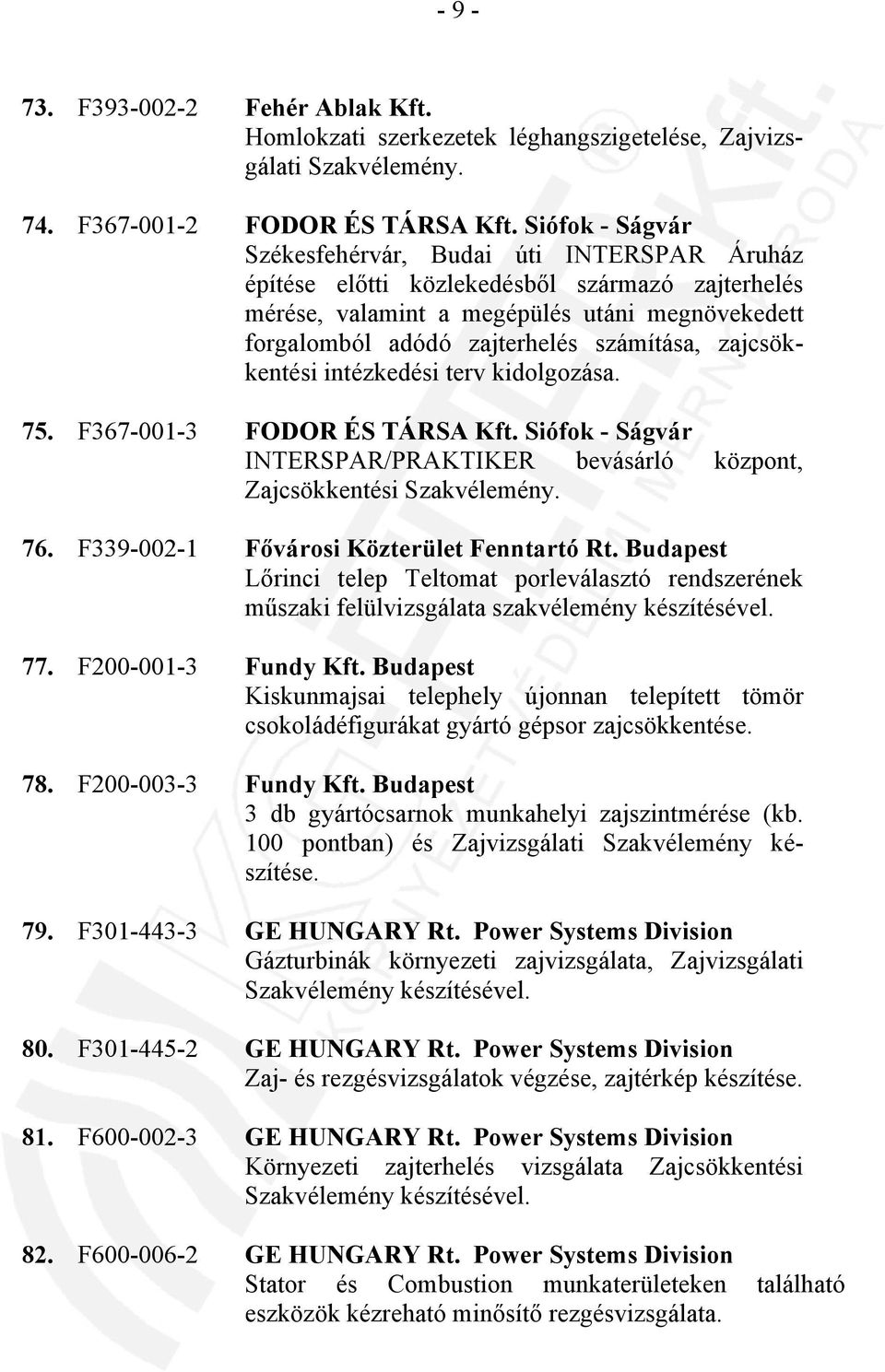 zajcsökkentési intézkedési terv kidolgozása. 75. F367-001-3 FODOR ÉS TÁRSA Kft. Siófok - Ságvár INTERSPAR/PRAKTIKER bevásárló központ, Zajcsökkentési Szakvélemény. 76.