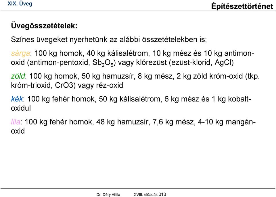 kg mész, 2 kg zöld króm-oxid (tkp.